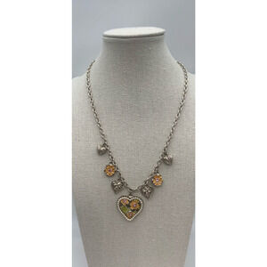 Vintage NWT 1928 Brand Beautiful Silver Tone Hearts & Enamel Flower Necklace